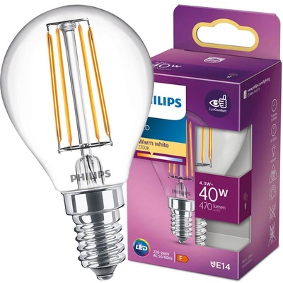 Philips LED žiarovka E14 P45 4,3W = 40W 470lm 2700K Teplé vlákno