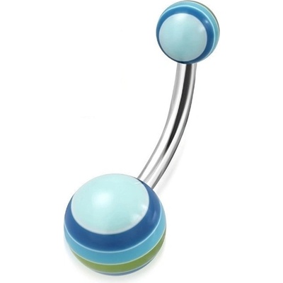 Šperky eshop piercing do bříška světle modré kuličky s vícebarevnými proužky X18.10