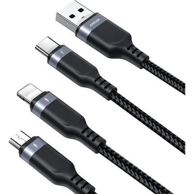 Универсален USB-A кабел с Lightning, microUSB и USB-C конектори (120 см) - Joyroom 3-in-1 USB-A Fast Charging Cable 3.5A (черен) (S-1T3018A18)