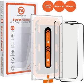 Mobile Origin Screen Guard Tempered Glass Set - 2 броя калени стъклени защитни покрития за дисплея на iPhone 11 Pro, iPhone XS, iPhone X (черен-прозрачен)