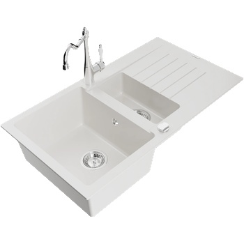 Mexen Matias гранитна мивка с 1, 5 камери с отцедник и кухненски смесител Carla, бял - 6502-20-670700-00 (6502-20-670700-00)