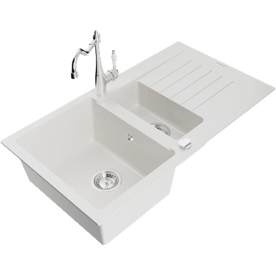 Mexen Matias гранитна мивка с 1, 5 камери с отцедник и кухненски смесител Carla, бял - 6502-20-670700-00 (6502-20-670700-00)