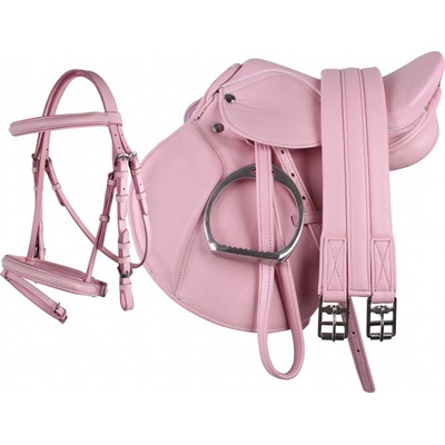 QHP Pony set sedlo uzdečka podbřišník třmeny včetně řemenů pink