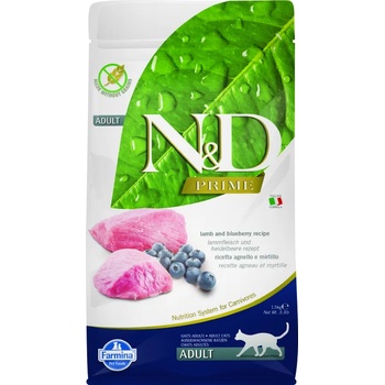 Farmina N&D Prime Feline Lamb & Blueberry Adult - Пълноценна суха храна за котки в зряла възраст с агнешко и боровинки, 1.5 кг