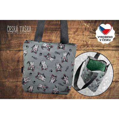 Česká Taška Taškokabelka HAPPY CATS L Česká ručně šitá taška se zelenou srdíčkovou podšívkou a zipem 38×38 cm