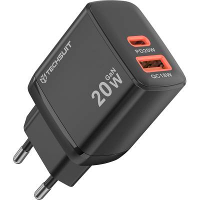 Techsuit - Зарядно за стена Duonix20W (CH2) - Type-C, USB, Двойно зарядно за пътуване 20W - Черно