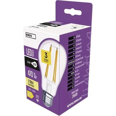 Emos žiarovka Led Filament A60 3.4W E27 teplá biela
