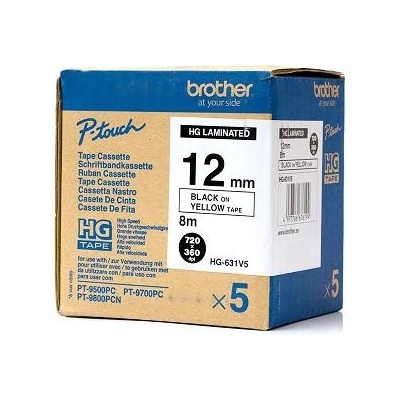 páska BROTHER HGe631 čierne písmo, žltá páska HQ Tape (12mm) (5 ks) (HGE631V5)