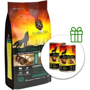 AMBROSIA Senior & Sterilized All Breeds Fresh Turkey & Salmon 12 кг + 2 консерви безплатно