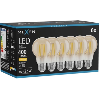 Mexen Vintis 6x LED крушка с нажежена жичка E27, A60, 4W, Топла - 2700K, 400 lm, амбър (L150-E27-0427-50x06)