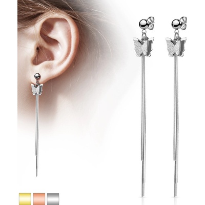 Šperky Eshop ocelové náušnice s motýlky ozdobené třemi hladkými řetízky a lesklou kuličkou A20.09 Zlatá