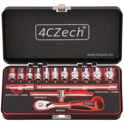 4CZech GOLA SADA 15-dielna sada nástrčných hlavíc 1/4" 4-14 + račňa 72 zubová
