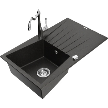 Mexen Cesar гранитна мивка с 1 корито с отцедник и кухненски смесител Carla, черен/златен металик - 6514-75-670700-00 (6514-75-670700-00)