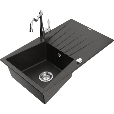 Mexen Cesar гранитна мивка с 1 корито с отцедник и кухненски смесител Carla, черен/златен металик - 6514-75-670700-00 (6514-75-670700-00)