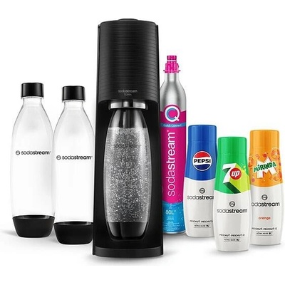 SET Výrobník sody SodaStream Terra Black + Náhradní láhev SodaStream FUSE 2x1l, černá + Sirup Sodastream Pepsi 440 ml + Sirup Sodastream 7UP 440 ml + Sirup Sodastream Mirinda 440 ml