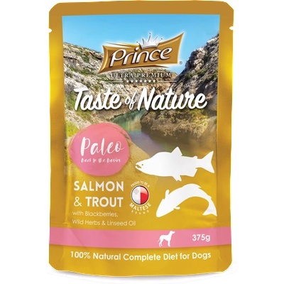Pet nutrition|Prince Пауч за кучета със сьомга и пъстърва с къпини, диви билки и ленено масло PALEO SALMON & TROUT 375gr
