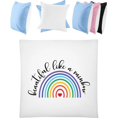 Darčeky PrintEQ Štvorcový Farebný Vankúš Dúha s nápisom Beautiful like a rainbow Biela Nebeská modrá 40x40