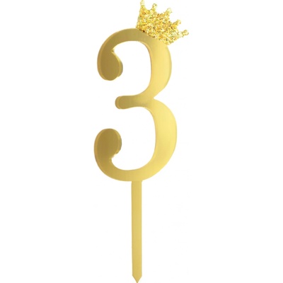 Party Pal Plastová dekorace na dort, číslo 3 s korunkou, zlatá, 11cm