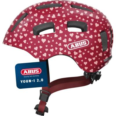 ABUS Youn-I 2.0 bicycle helmet - with light for children, teenagers and young adults - for girls and boys - red with heart pattern, size M, M (52-57 cm) - 63809