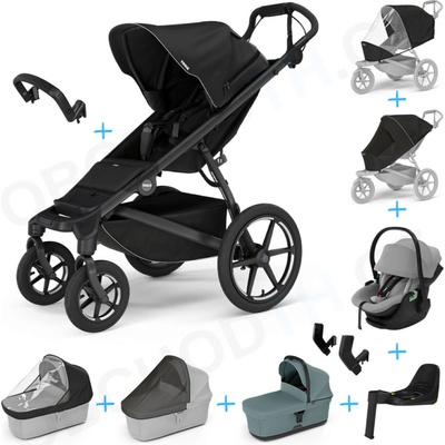 Thule Set 10v1 Urban Glide 4-wheel Mid blue 2024 + madlo + korba Black + pláštěnky a moskytiéry Thule + Autosedačka Thule Maple Light Gray s ISOFIX základnou Thule Alfi a adaptéry