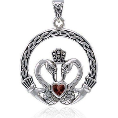 Fantasy Šperky Stříbrný přívěsek Keltská labuť Claddagh s granátem P3434
