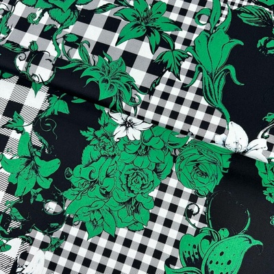Bavlněný satén – Zelené květy a černo-bílé káro