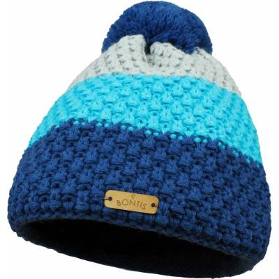 Bontis Dětská trojbarevná pletená zimní čepice s bambulí Džínová / tyrkysová / šedá