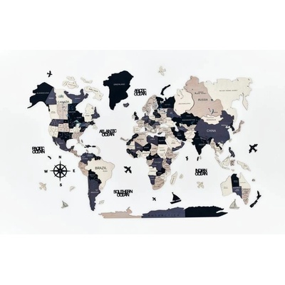 Dřevěná mapa světa na stěnu, 3D Barva: Černá, Velikost: S