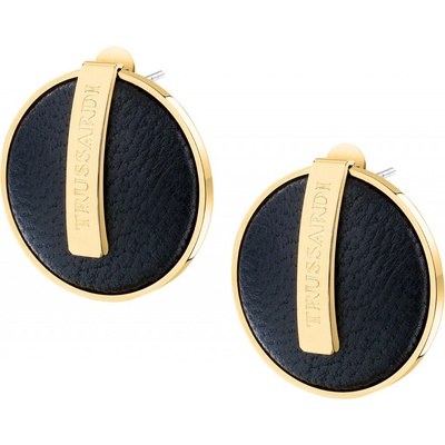 Trussardi Jedinečné pozlátené náušnice s čiernou kožou T-Round TJAYF01