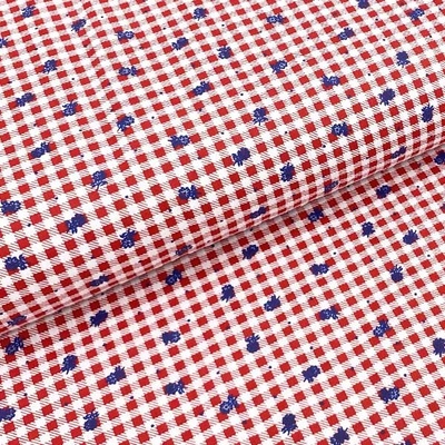 Bavlněné plátno P0484 červeno-bílé káro, modré tečky a kytky, š.140