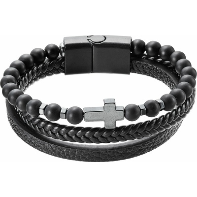 Pavona Náramek pánský koženka a korálky s křížkem 43044.3 černý Délka náramku: 23 cm