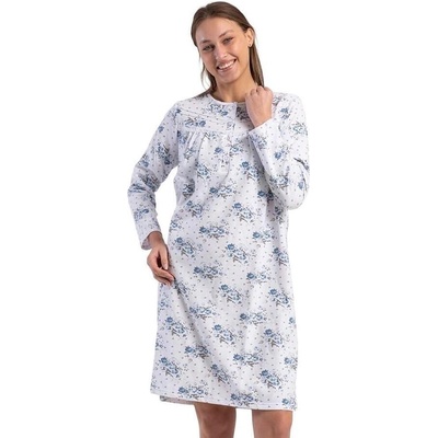 Бяла ватирана макси нощница с малки сини цветя