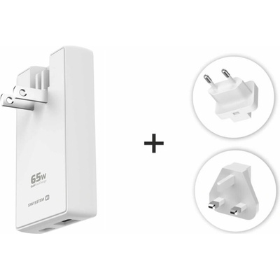 Swissten cestovní adaptér GaN USB-C + USB-A 65w výměnné vidlice (US, EU, UK) bílý 22071420 – Hledejceny.cz