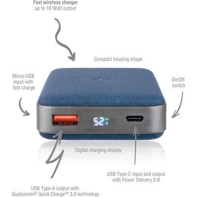 4smarts Inductive Power Bank VoltHub Ultimate 10000 mAh - външна батерия с USB-C изход с възможност за безжично зареждане и технология за бързо зареждане (син-сив)