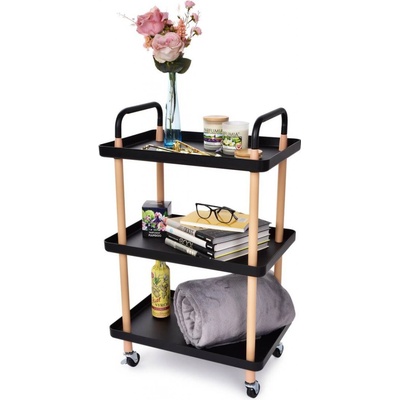 Trolley pojízdný vozík 3patrový multifunkční obdélníkový regál na kolečkách, výška 86 cm černý