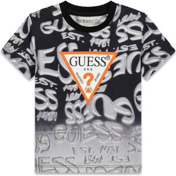 GUESS Тениска за мини момче в черно и бяло със сиви графити и червено лого Guess