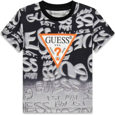 GUESS Тениска за мини момче в черно и бяло със сиви графити и червено лого Guess