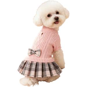 Tiger`s Heart Рокля пуловер за кучета Pink Knit Dress с карирана пола