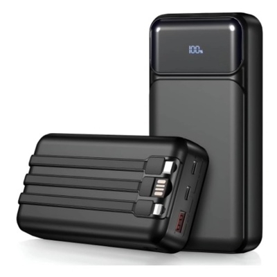 Външна батерия BeSmart, 20 000 mAh, 22, 5 W, 3 интегрирани кабела (USB-C, USB-A, Lightning), 3 порта, LED екран, двупосочно зареждане, Черен