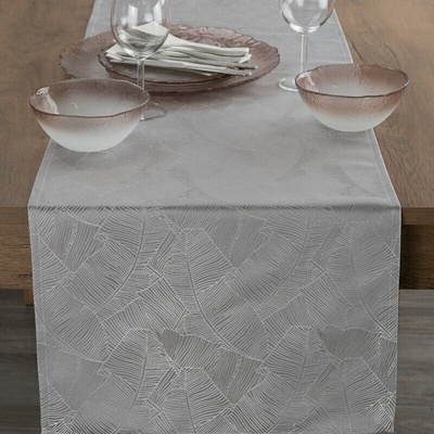 Takoy Běhoun na stůl stříbrno-bílý 40x140 cm ISLA s žakárovým vzorem banánových listů-HF-440393 | 40 x 140 cm