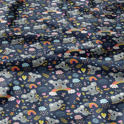 Bavlnená látka, vzor pandy na dúhach, granátový podklad, metráž 160 cm