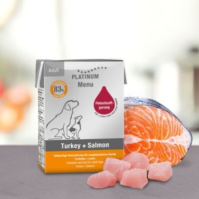 PLATINUM Мокра храна за кучета Platinum Menu Adult Turkey + Salmon с 63% Прясно пуешко месо, 20% Прясна сьомга и зеленчуци, 90 gr