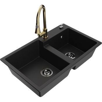 Mexen Tomas гранитна кухненска мивка с две корита и кухненски смесител Elia, черен - 6516-77-670101-50-B (6516-77-670101-50-B)