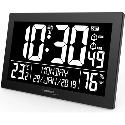 Technoline digital radio clock WS8017 with DCF77 - large LED display, temperature & humidity, 2 alarms with snooze function, calendar up to 2099, 12/24h format, table & wall clock with white LEDs