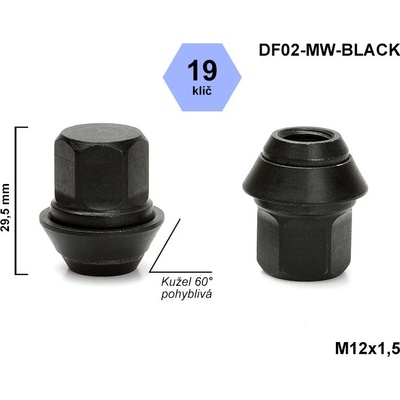 Kolová matice M12x1,5 FORD, VOLVO, kužel, pohyblivá, klíč 19, DF02-MW-BLACK uzavřená, výška 29,5