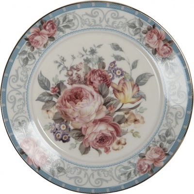 Clayre & Eef Porcelánový dezertní talířek se zlatou linkou Peony Rosé 21 x 2 cm