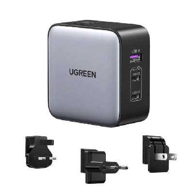Зарядно устройство Ugreen 90409, от EU/US/UK към 2x USB C(ж), 1x USB A(ж), 20V/3.25A, сиво, 65W, QC4+ (UGREEN-90409)