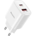 YESIDO Зарядно за стена - Yesido Wall Charger (YC02E) - Quick Charge, USB + Type-C, PD20W, QC18W - Бяло