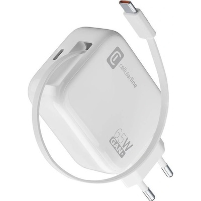 Cellularline Ролетно зарядно Gan, 220V, 65W, USB-C кабел + USB-C порт 14502