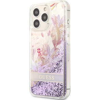GUESS Liquid Glitter Flower Case - дизайнерски кейс с висока защита за iPhone 13 Pro Max (лилав)